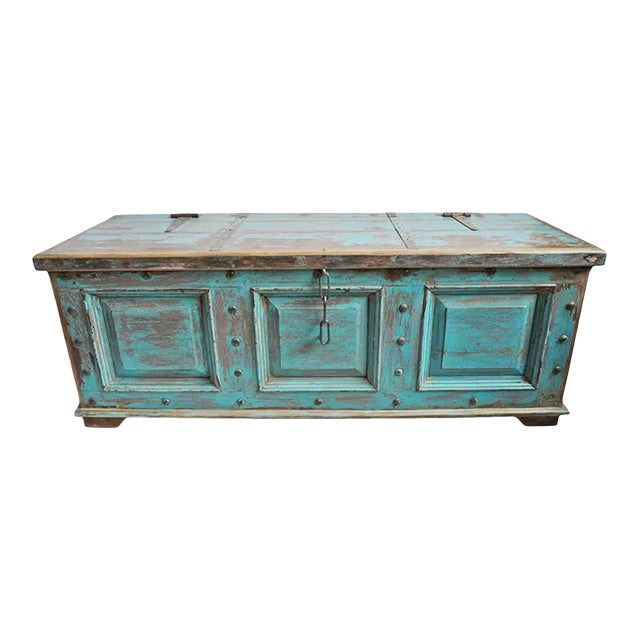 Mid 20th Century Jodhpur Blue Wood Trunk Table For Sale