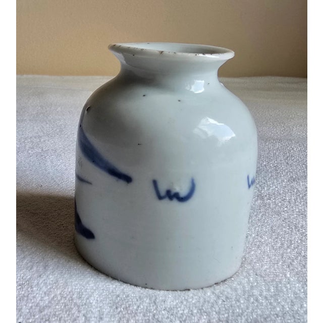 19th Century Antique Asian Chinese Brush Washer Ink Pot Porcelain Jar Hand Painted Blue & White For Sale - Image 5 of 7