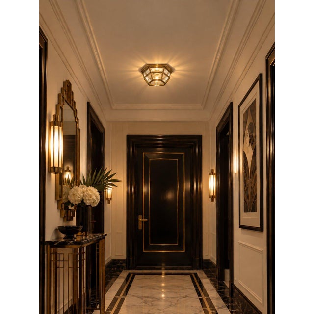 Vintage Octagonal Brass Beveled Glass Ceiling Light Flush Mount For Sale In Pittsburgh - Image 6 of 6