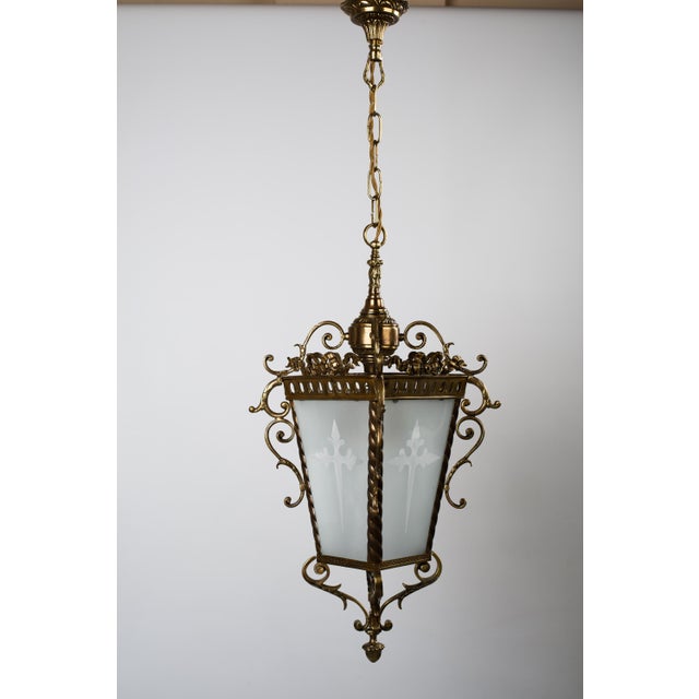 Vintage Brass Lantern with Etched Glass with a silhouette of a cross on each of the four glass panels, Spain, circa 1950s....