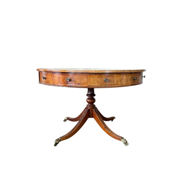 English Georgian Revival Mahogany 48.25" Drum Table With Green Tooled Leather Top, Circa 1900 For Sale - Image 4 of 18