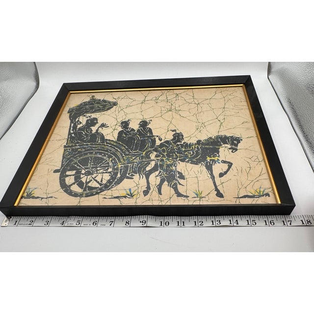 Black Vintage Chinese Framed Batik Fabric Art-Horse Carriage "The Inspection Tour" For Sale - Image 8 of 12