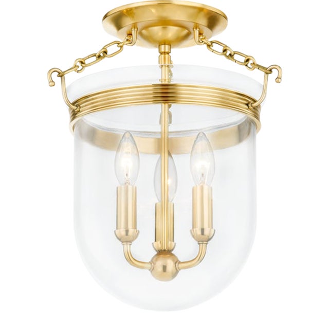 Hudson Valley Lighting Mark D. Sikes Rousham 3-Light Semi Flush Mount, Aged Brass For Sale