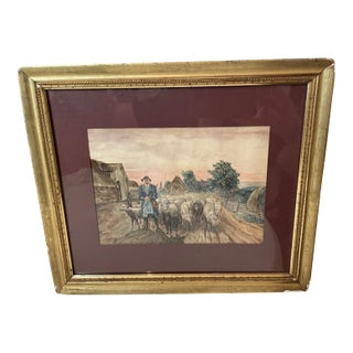 Antique Original Sheep Herder Farmer Landscape Animal Watercolor Painting Art For Sale