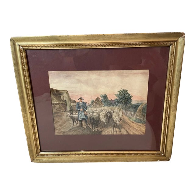 Antique Original Sheep Herder Farmer Landscape Animal Watercolor Painting Art For Sale