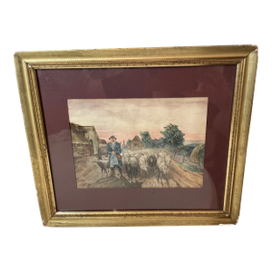Antique Original Sheep Herder Farmer Landscape Animal Watercolor Painting Art