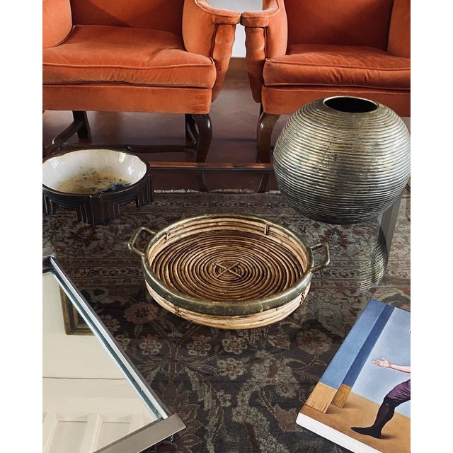 Mid-Century Modern Hollywood Regency Brass and Wicker Bowl, Italy, 1970s For Sale - Image 3 of 18