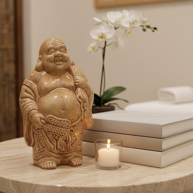 Handcrafted studio pottery Hotei (Laughing Buddha) statue signed "JK" and dated 1980 inside the hollow body. Hotei is a...