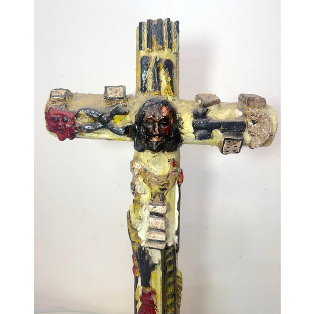 Folk Art Large 1700's Antique Polychromed Carved Folk Art Wood Religious Crucifix Cross For Sale - Image 3 of 18