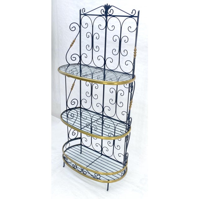 Wrought Iron & Brass 38” Wide Rounded Shelved Bakers Rack MINT For Sale - Image 13 of 14