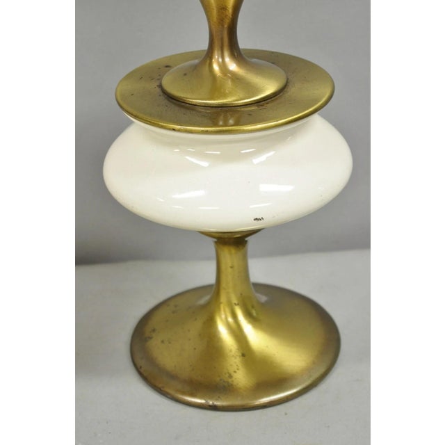 Metal Vintage Rembrandt Hollywood Regency Brass & Porcelain Sculpted Table Lamp Pair For Sale - Image 7 of 13