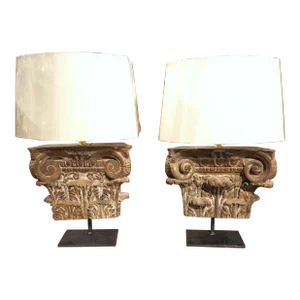 Pair of 18th Century French Carved Wooden Capitals Mounted as Lamps
