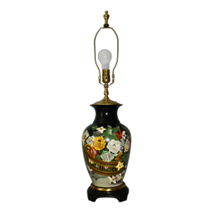Vintage Asian Style Floral Painted Table Lamp on Wood Base