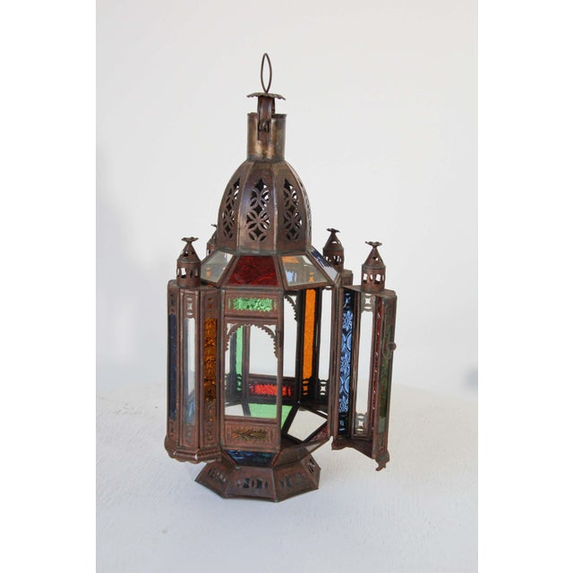 Mid 20th Century Handcrafted Moroccan Tole and Glass Lantern, Moorish Style, 1960 For Sale - Image 5 of 17