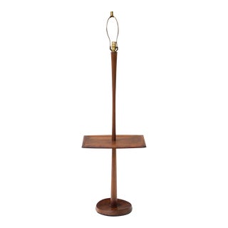 Turned Walnut Floor Lamp With Built-In End Table For Sale