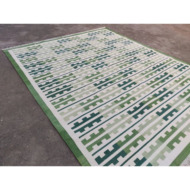 Textile Handmade Cotton Natural Vegetable Dyed Reversible Green Marianne Rug - 9'x12' For Sale - Image 7 of 11
