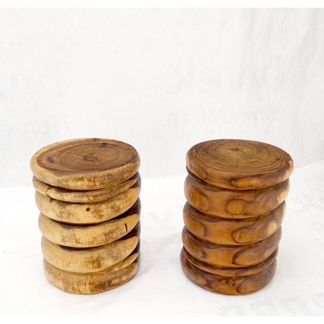 Pair Solid Carved Wood Cylinder Shape Bases Glass Top End Side Tables Stands For Sale - Image 9 of 18