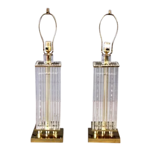 Vintage Hollywood Regency Pair Brass Glass Rod Table Lamps Gaetano Scolari Style 70's 80's Ice Sickle