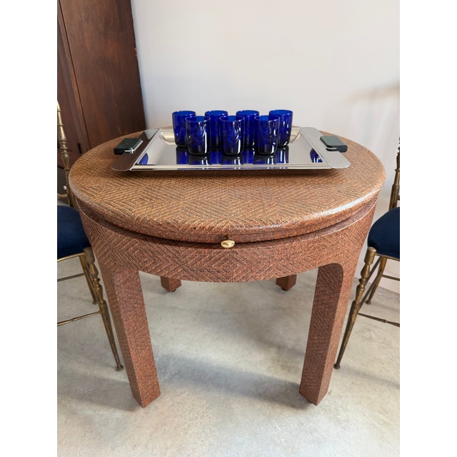 Wood Harrison Van Horn Round Game Table Lacquered Raffia Sliding Shelf 1980s Glamour For Sale - Image 7 of 13
