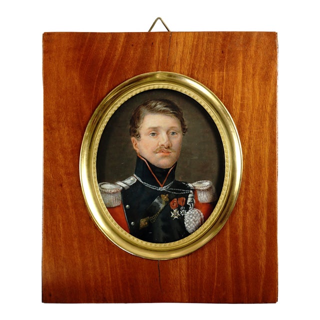 Antique French Miniature Portrait Military Officer Uniform 1st Lancers Cavalry For Sale