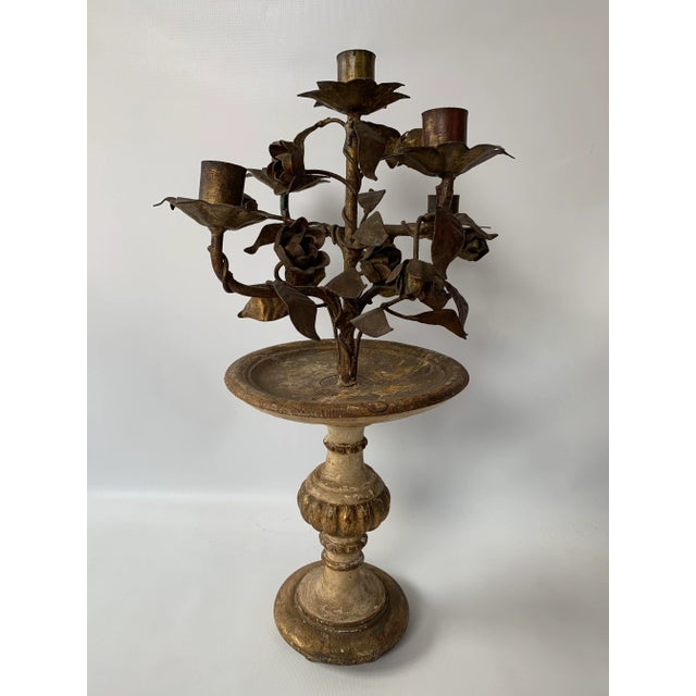 Metal Antique Italian Gilded Wood and Tole Candelabra for 5 Candles For Sale - Image 7 of 7