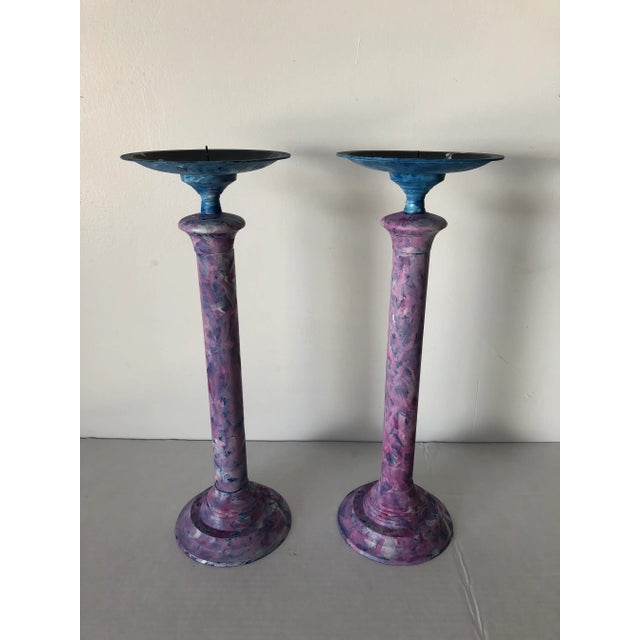 Bohemian Tall Garden Candle Stocks Pink and Blue 15” Pair For Sale In New York - Image 6 of 6