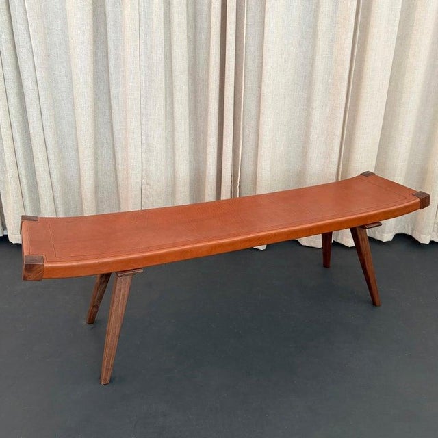 2010s Mid-Century Modern Style Custom Leather and Walnut Bench For Sale - Image 5 of 9