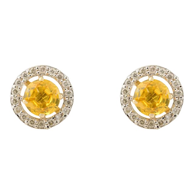 14k Gold Round Statement 1 Carat Yellow Sapphire Diamond Stud Earrings- A Pair For Sale