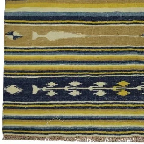 Rug & Kilim Vintage Dhurrie Rug in Yellow and Blue Stripes and Geometry | Rug & Kilim For Sale - Image 4 of 5