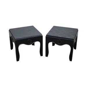 1970s Mid-Century Ebonized Black Slate Top Side Tables - A Pair