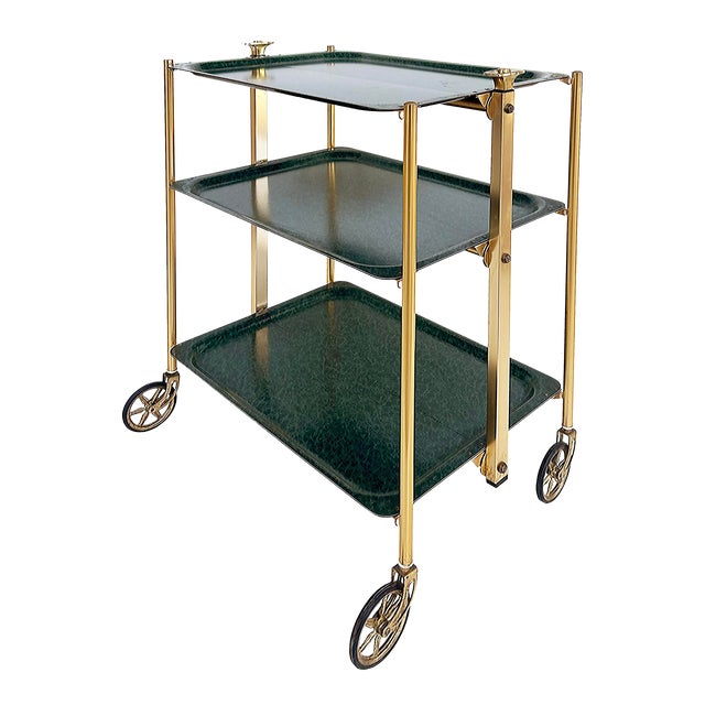 1960s 3-Tier Brass Lucite Folding Rolling Dessert Serving Cart on Casters Vintage For Sale