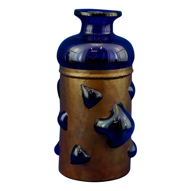 Blue Blown Glass Vase in Copper Cage attributed to Nanny Still for Raak, Amsterdam, Netherlands, 1960s For Sale