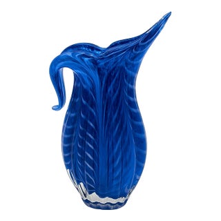 Vintage Cobalt Murano Style Swirl Vase or Pitcher For Sale