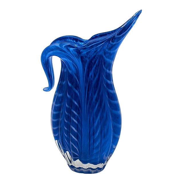 Vintage Cobalt Murano Style Swirl Vase or Pitcher For Sale