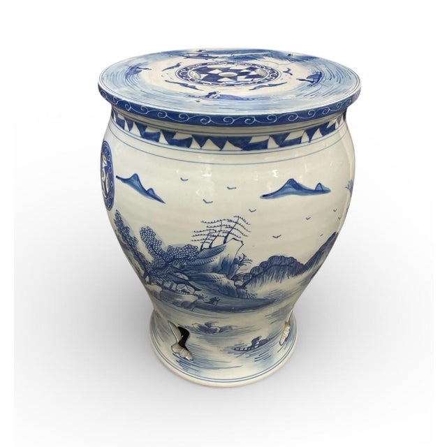 2000 - 2009 Blue and White Landscape Porcelain Garden Stool For Sale - Image 5 of 7