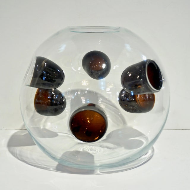 1980s Vistosi Post Modern Purple Wine Color & Crystal Murano Glass Round Vase For Sale - Image 11 of 12