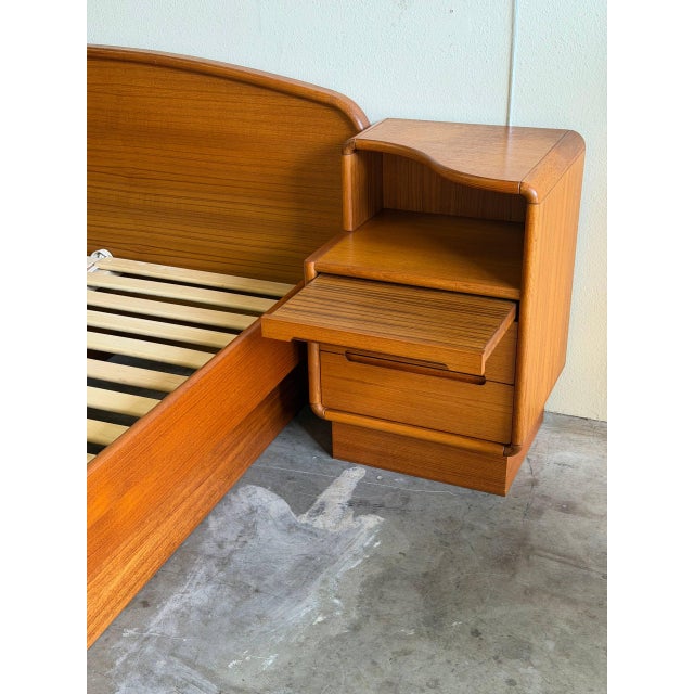 Mid Century Modern Teak Queen Bed Frame With Matching Nightstands & Built-in Storage Drawers For Sale - Image 4 of 10