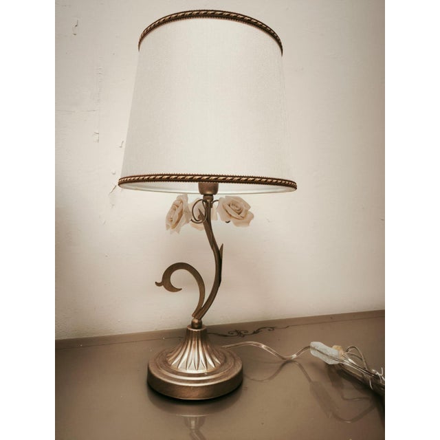 Silver Small Lamps with Ceramic Roses and Fabric Lampshades, 1980s, Set of 2 For Sale - Image 8 of 12