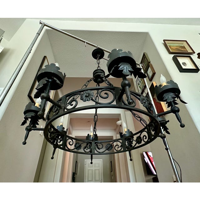 1960s Large Spanish Revival Metal Forged Black Chandelier For Sale - Image 4 of 17