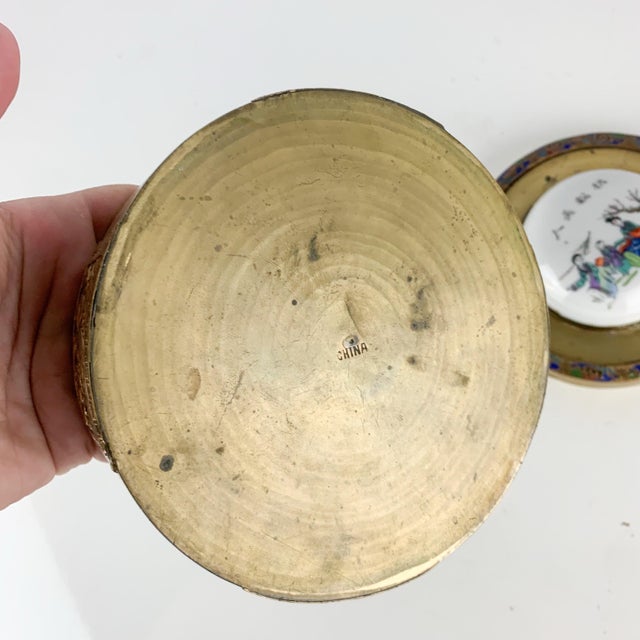 Brass Vintage Hand Painted Floral Chinese Brass Enamel Porcelain Powder Trinket Box For Sale - Image 8 of 12