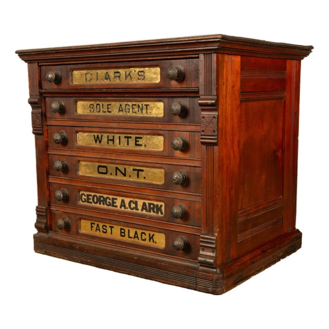 Antique Eastlake Clark's Walnut Mercantile Store Advertising Thread Cabinet 1880 For Sale