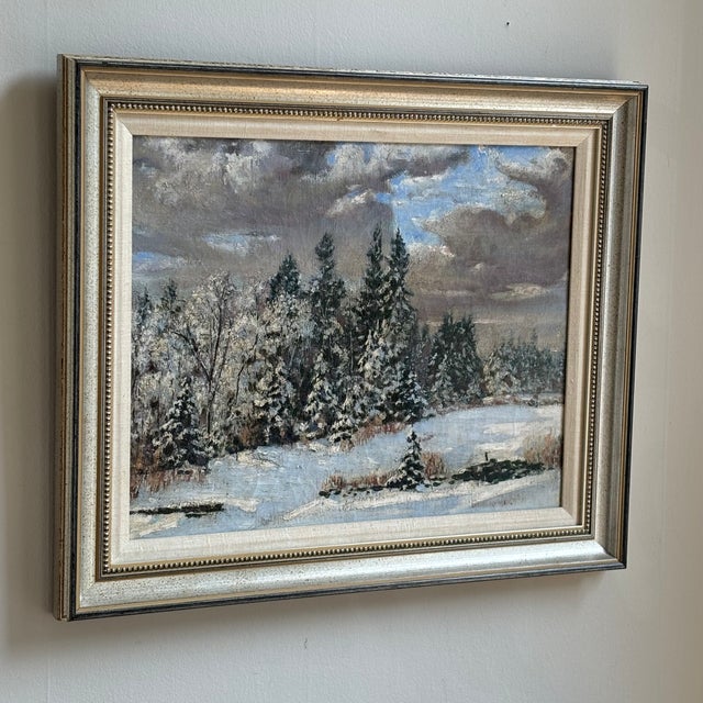 Traditional 1937 Winter Landscape, Oil on Canvas -- Framed For Sale - Image 3 of 11