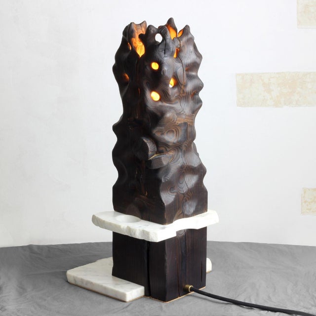 Contemporary Reclaimed Yakisugi Wood Table Lamp - Volcano Lamp | Melting Series by Gabor Gobi For Sale - Image 3 of 10