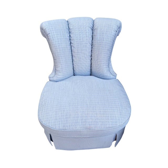 Textile Vintage Century Furniture Channel Back Newly Upholstered Blue Scalamandre Fabric Slipper Chairs - A Pair For Sale - Image 7 of 7