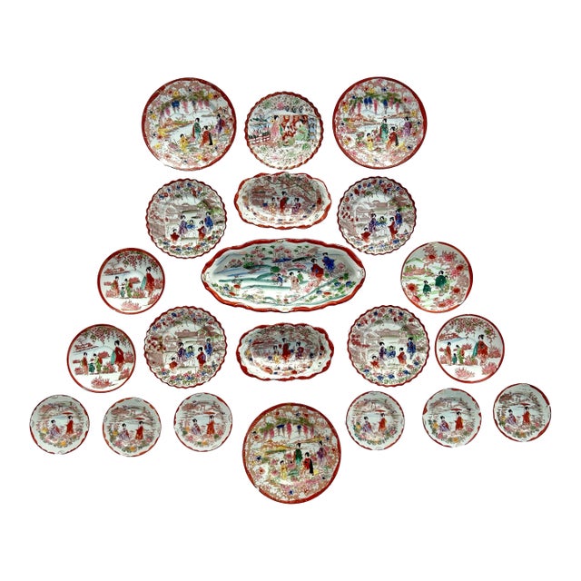 1920’s Antique Japanese Chinoiserie Hand Painted Traditional Geisha Girl & Pagoda Plates & Small Bowls - A 21 Piece Set For Sale
