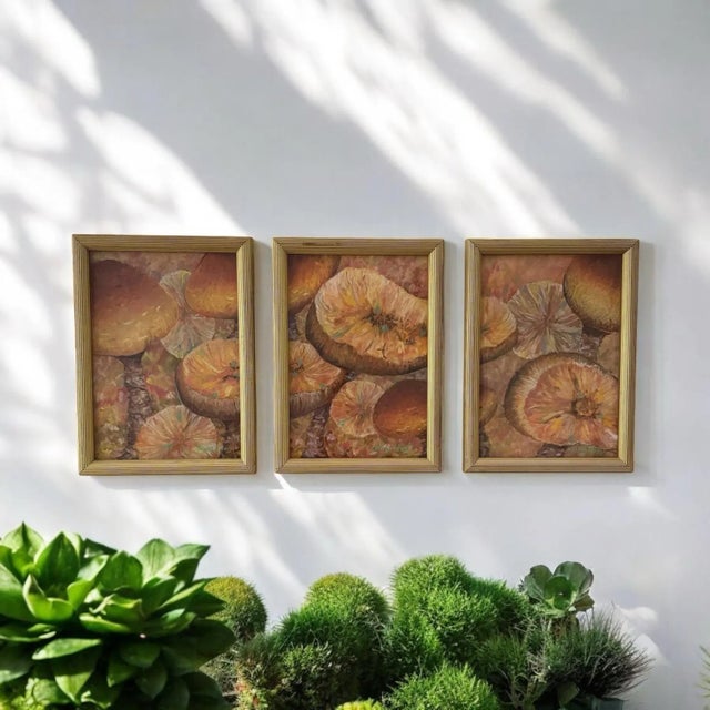 Signed Original Art Mushroom Toadstools Giltwood Framed Triptych For Sale - Image 9 of 11