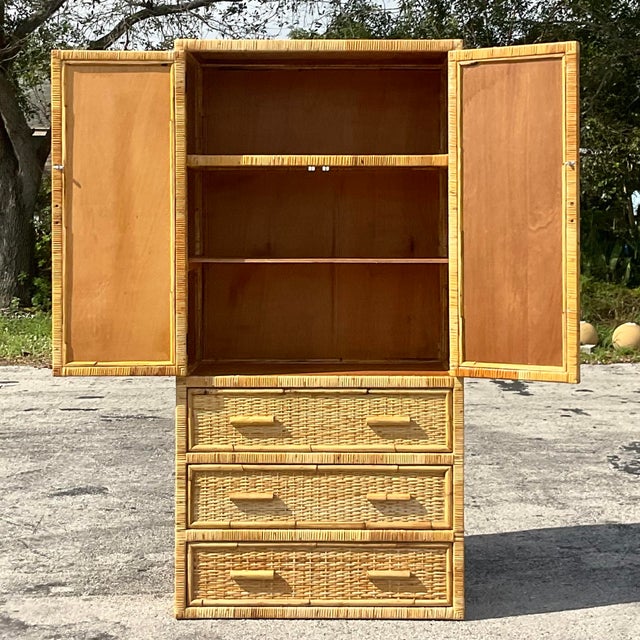 Late 20th Century Vintage Coastal Woven Rattan Armoire Chairish