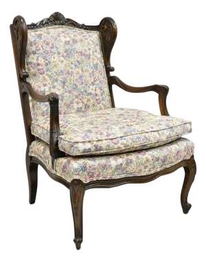 Mid 20th Century Vintage French Country Carved Walnut Provincial Wingback Lounge Arm Chair
