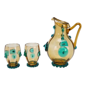 Early 20th Century Amber and Teal Blown Glass Pitcher With 2 Matching Tumblers