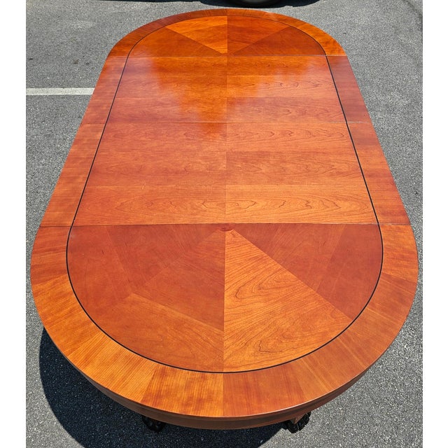 Vintage Baker Furniture Palladian Collection Round Neoclassical Cherry Wood and Parcel Ebonized Extension Pedestal Dining Table For Sale - Image 9 of 10